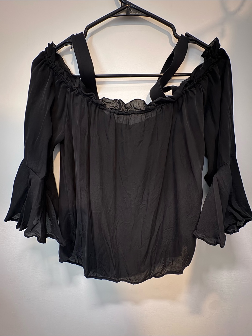 J. Crew Black Off-Shoulder Sheer Blouse with Ruffled Bell Sleeves